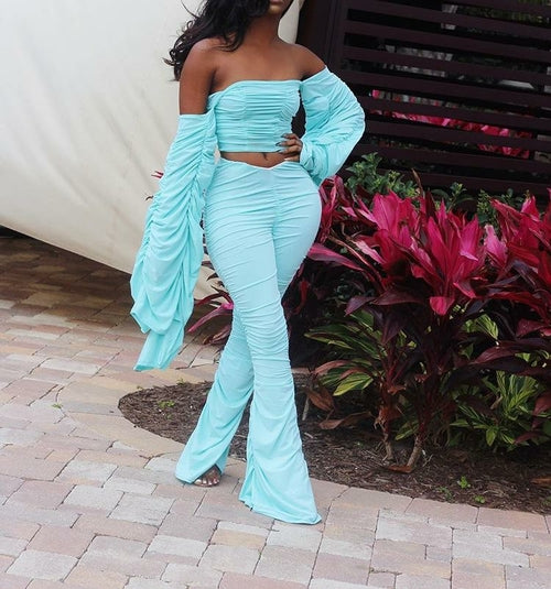 Off Shoulder Bandeau Long Sleeve Ruched Crop Top and Long Pants