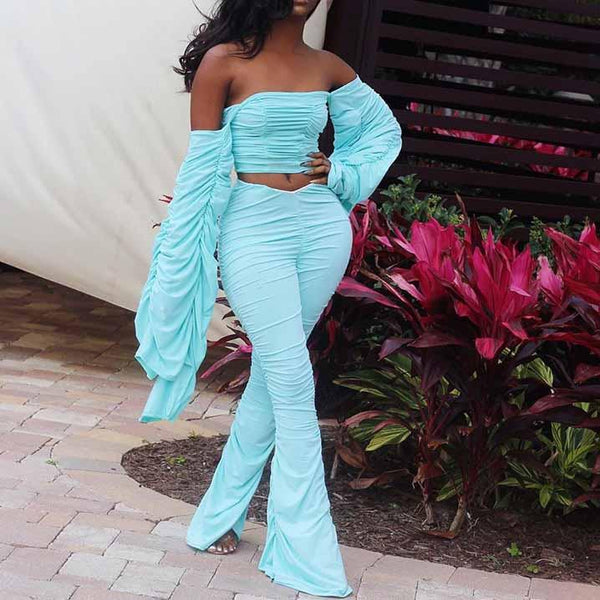 Off Shoulder Bandeau Long Sleeve Ruched Crop Top and Long Pants